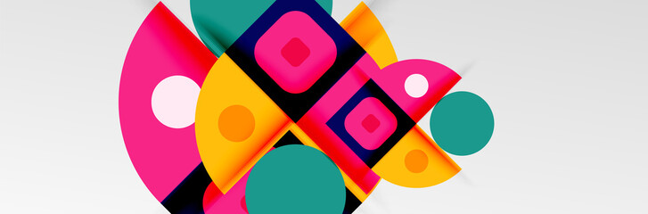 Bright color circles, abstract round shapes and triangles composition with shadow effects. Vector modern geometric design template