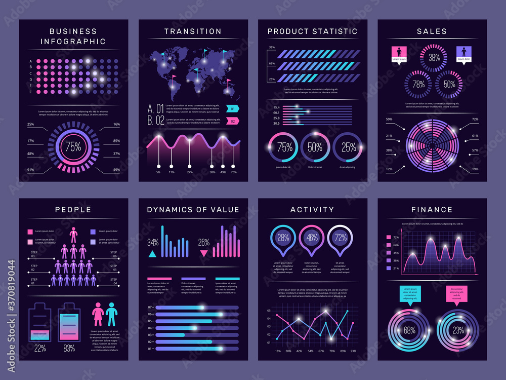 Poster Infographic brochures. Modern abstract graph visualization different charts data booklets templates vector design set with infographic objects. Business graph and diagram, visualization illustration