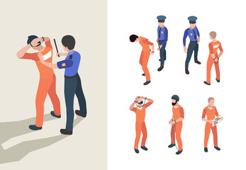 Police and prisoners. Isometric federal jail characters low justice person inmate vector persons. Police and criminal, prison and justice 3d illustration