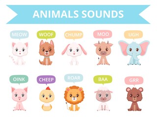 Obraz premium Animals sounds. Zoo birds cats dogs farm animals communication talking speaking words vector characters. Sound animal character, vector zoo illustration