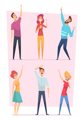 Looking up. People pointing in sky group of happy characters vector illustrations. People crowd audience looking and pointing up