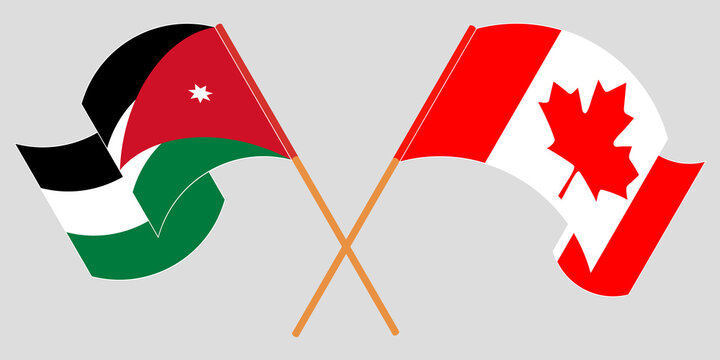 Crossed and waving flags of Jordan and Canada