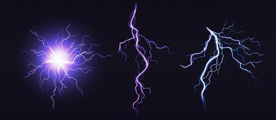 Electric ball and lightning strike, impact place, plasma sphere or magical energy flash of blue and lilac colors isolated on black background. Powerful electrical discharge, Realistic 3d vector set