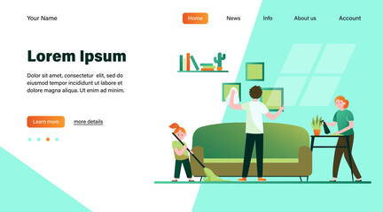 Happy family cleaning apartment flat vector illustration. Cartoon mother, father and daughter housekeeping together. Togetherness, flat, home and household concept