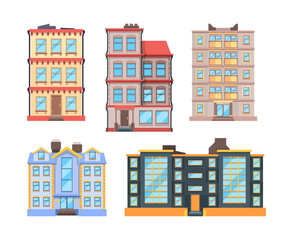 Living buildings flat style. Urban houses with 3 or 9 floor home apartments nice modern urban exterior city vector construction. Urban house residential, living apartment building illustration