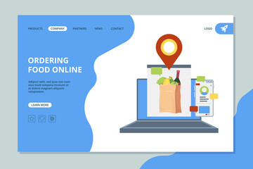 Ordering food online. Shopping market basket with grocery food vector landing page template. Grocery online, market basket order illustration