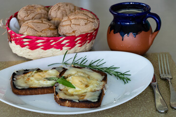 Egg toast with traditional mexican concha bread and coffee