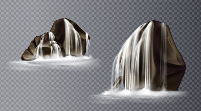 Waterfall Cascade On Rock, Realistic Water Fall Streams Falling From Mountains, Pure Liquid Jets And Stones With Fog Down, Fountain Design. Realistic 3d Vector Icons Isolated On Transparent Background