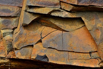 Cracked red rock. Rusty stones with sharp corners and fine red gravel. Plates of red, black and brown stone. Stone ready for mining.