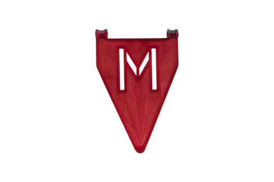 Plastic red triangular pointer with the letter "M".