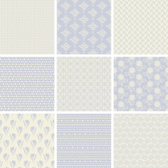 Set of nine monochrome seamless patterns in pastel colors