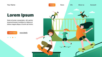 Fun extreme skateboard park flat vector illustration. Cartoon teenagers jumping and doing tricks with boards. Outdoor teenage activity and skateboarding concept