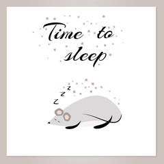 Caption time to sleep with a cute sleeping mouse, vector illustration