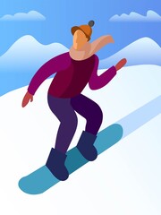 Fototapeta na wymiar snowboarder man. Colorful illustration, boy on a board. Elegant outfit. Winter sport.