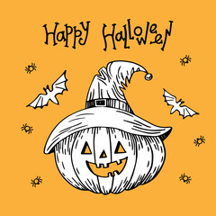 Illustration of halloween pumpkin. Pumpkin on orange background. Lettering Happy Halloween. Hand drawn illustration.