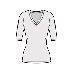 Deep V-neck jersey sweater technical fashion illustration with elbow sleeves, close-fitting shape, tunic length. Flat shirt apparel template front grey color. Women men unisex top CAD mockup