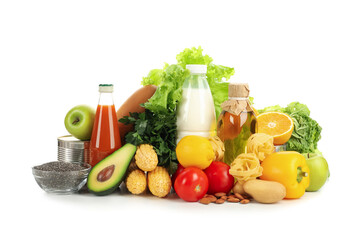 Bunch of different food isolated on white background