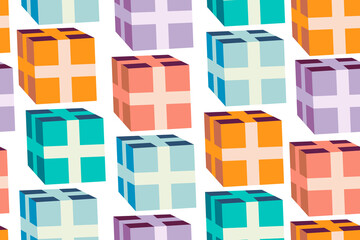 Gift boxes seamless pattern. Repetitive flat vector illustration of presents on transparent background.