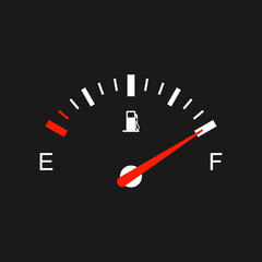 Fuel gauge. Vector illustration of classic gas tank indicator on car dashboard panel. Full tank of gasoline.