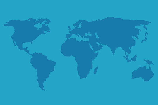 Simple blue world map image. World map layout, view in flat design.