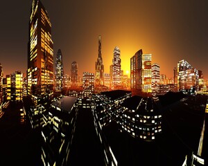 Beautiful evening city at sunset, night skyscrapers, 3D rendering
