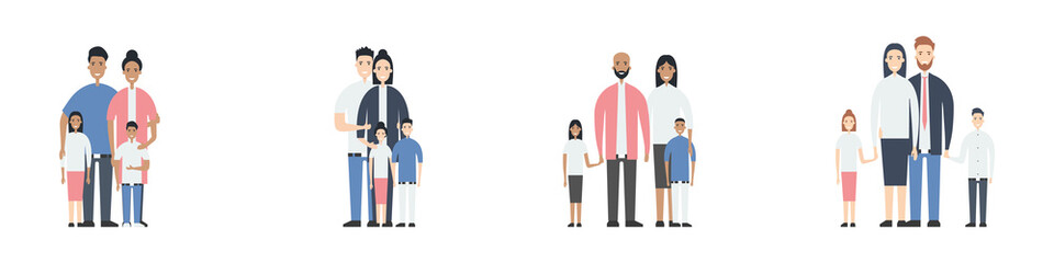 Traditional families set. Fathers, mothers, sons and daughters. Family health insurance concept. Flat style. Vector illustration
