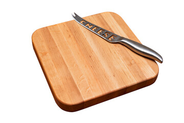 Wooden cutting Board with a kitchen knife for cutting cheese. Cutting Board for cooking on a white background, close-up, top view.