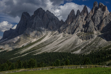 Odle mountain range before thunderstorm as seen from Brogles refuge, Puez-Odle nature park, Dolomites, South Tirol, Italy.