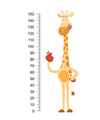 Funny giraffe. Cheerful funny giraffe with long neck. Giraffe meter wall or height chart or wall sticker. Illustration with scale from 2 to 150 centimeter to measure growth