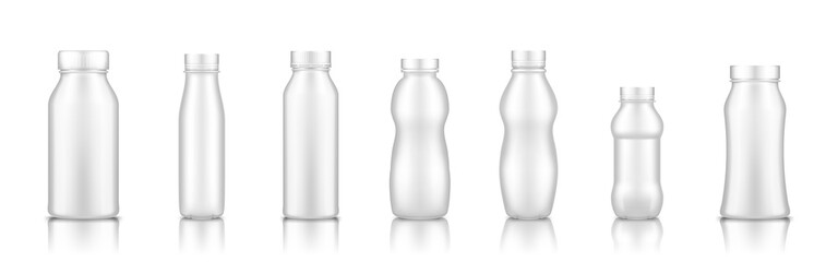 Yogurt, milk, juice or shampoo white plastic bottle set mockup isolated from background. Package design. Blank food, cosmetic or detergent product. Container template. 3d vector illustration