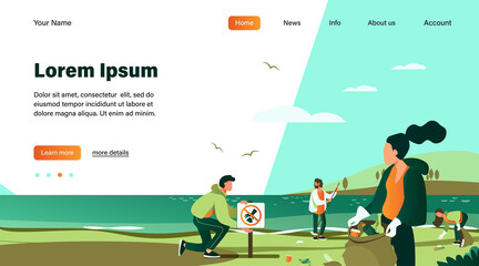 Group of young volunteers collecting trash on ocean beach flat vector illustration. Ecology and clean planet concept. People cleaning environment nature together © PCH.Vector