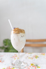 Creative Cooking at home Korean coffee dalgona that is becoming popular bright color.