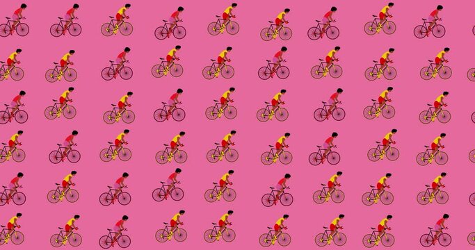 African American cyclists are riding bicycles on the pink background.Cartoon animation, flat design, loop 4k