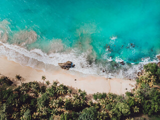 Aerial drone view of intimate paradise beach with blue lagoon and palm trees in Samana, Dominican Republic