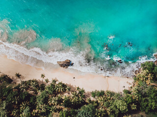 Aerial drone view of intimate paradise beach with blue lagoon and palm trees in Samana, Dominican...