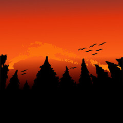 Vector illustration of a forest at sunset. Stock vector color illustration. Forest outline and gradient sunset with birds. Nature without the image of civilization. Suitable for hiking.