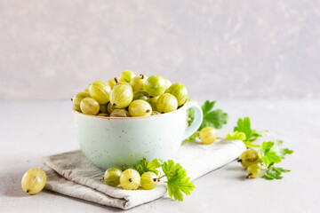 Closeup of  Fresh green gooseberries berries with leaves in a cup.