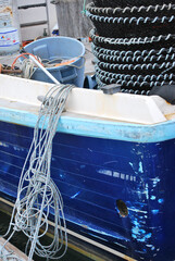 Fishing nets and gear on a boat.