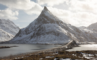 A beautiful bridge and mountain backdrop in the Lofoten islands. 
