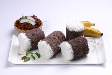 Ragi Puttu or Finger Millet  steamed cake with bengal gram curry