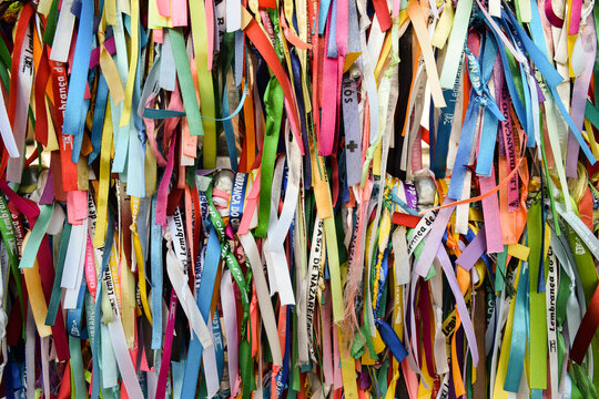 A lot of colorful tapes of Our Lady of Nazareth. These are usually given as a souvenir of Bel&eacute;m, Par&aacute;, Brazil.