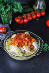 chicken meat tomato sauce chakhokhbili piece of vegetables chunk fried chashushuli second course food background top view copy space for text