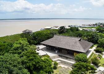 View of a high spot in Mangal das Garças. A building in the middle of the mangrove and Guajará Bay, in Belém, Brazil.