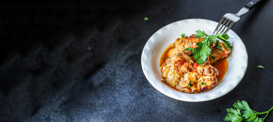 chicken meat tomato sauce chakhokhbili piece of vegetables chunk fried chashushuli second course food background top view copy space for text