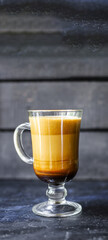 latte coffee cappuccino dalgona in transparent glass sweet hot drink cocoa milk organic eating healthy top view place for text copy space