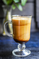 latte coffee cappuccino dalgona in transparent glass sweet hot drink cocoa milk organic eating healthy top view place for text copy space