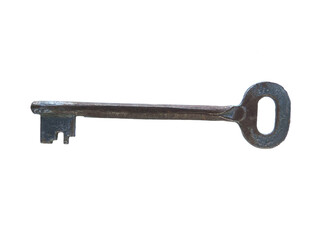 An old rare steel key from a simple lock is isolated in close-up on a white background.