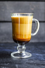 latte coffee cappuccino dalgona in transparent glass sweet hot drink cocoa milk organic eating healthy top view place for text copy space