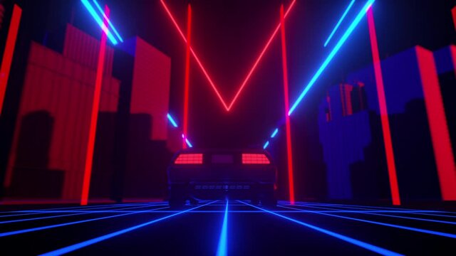 Arcade car driving to the sun in red and blue city with skyscrapers and neons. 80s style synthwave retrowave concept 3D animation.