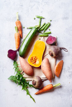 Fresh vegetables prepared for cooking. Healthy vegetarian meal concept